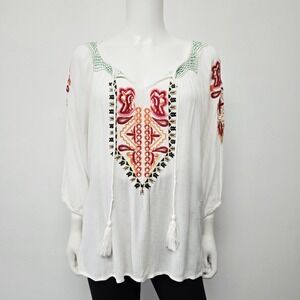 Hazel Embroidered Blouse Top Size M Semi-Sheer Bohemian Crinkle Peasant Hippie